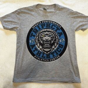 Gildan Gray Graphic Tee with Blue and Black Design